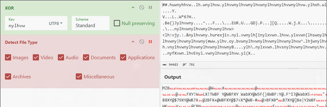 CyberChef: XOR (key: nylhvw, UTF8) on octet-stream → dropped malware PE